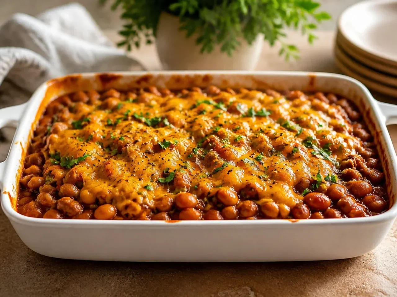 Smoky cowboy casserole with baked beans visible through the beef and sauce layer
