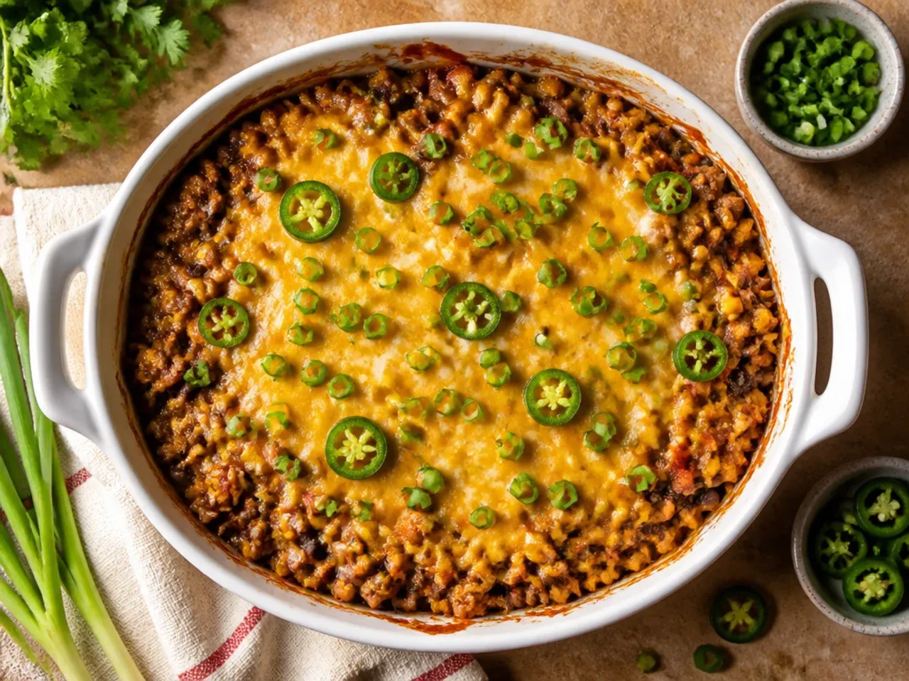 Spicy cowboy casserole topped with fresh sliced jalapeños over golden tater tots