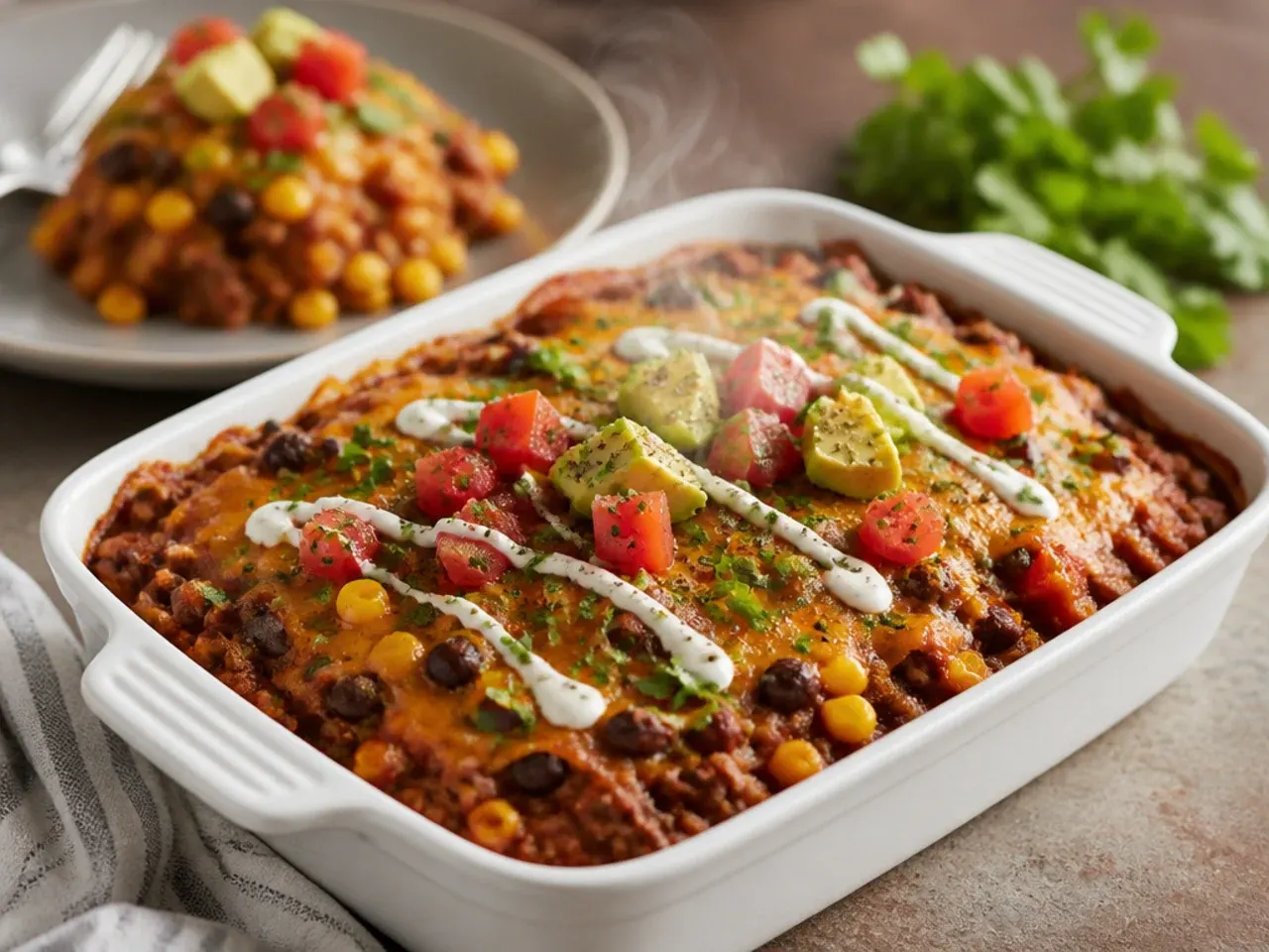 Tex-Mex cowboy casserole with black beans, taco-seasoned beef and a mix of melted cheeses