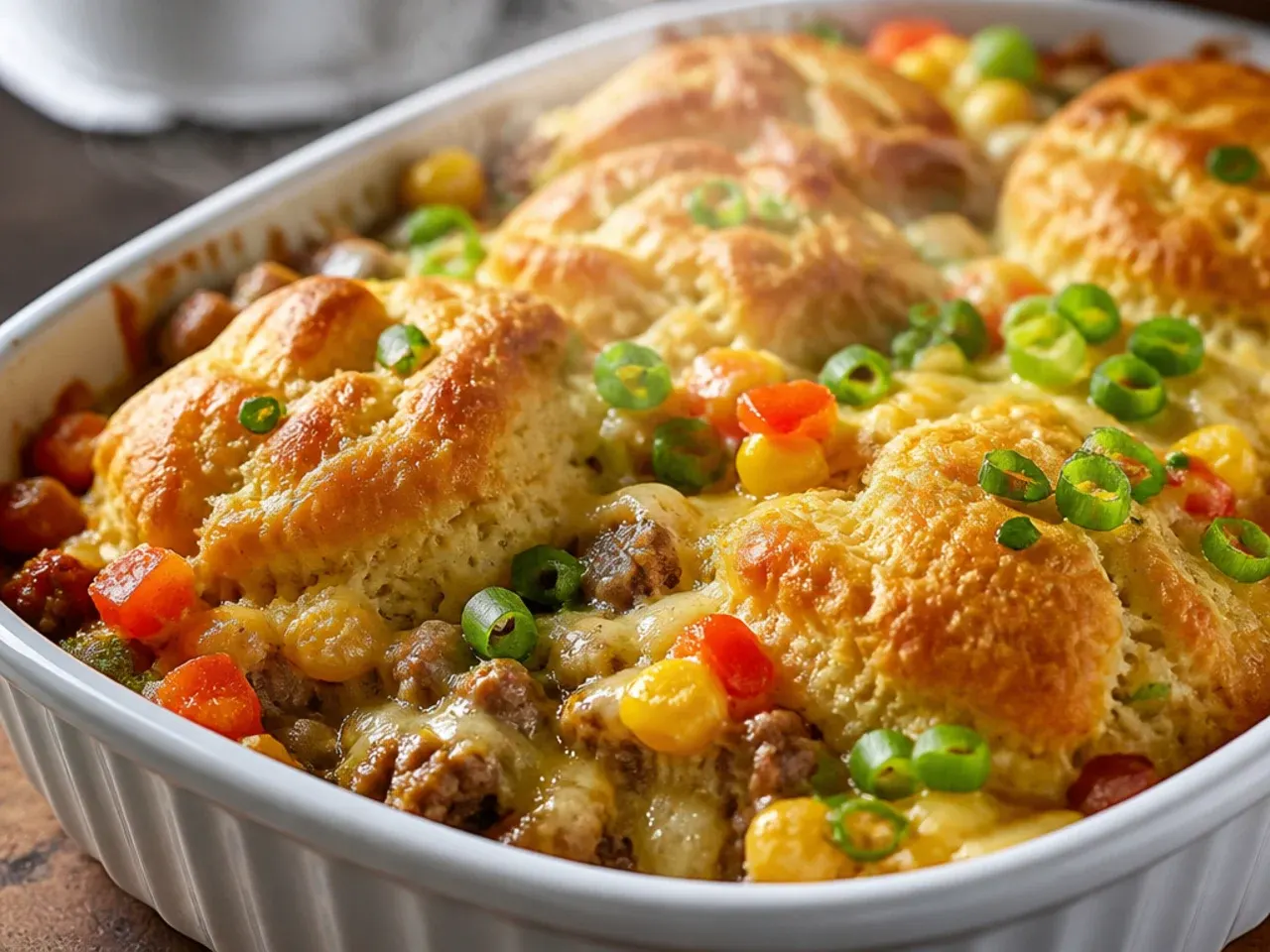 Southern-style cowboy casserole topped with golden torn biscuit pieces instead of tater tots