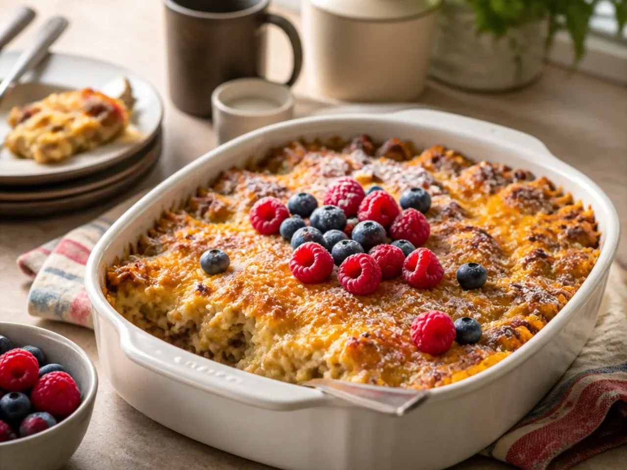 Creamy sour cream cowboy casserole with a smooth, tangy sauce beneath the tater tots