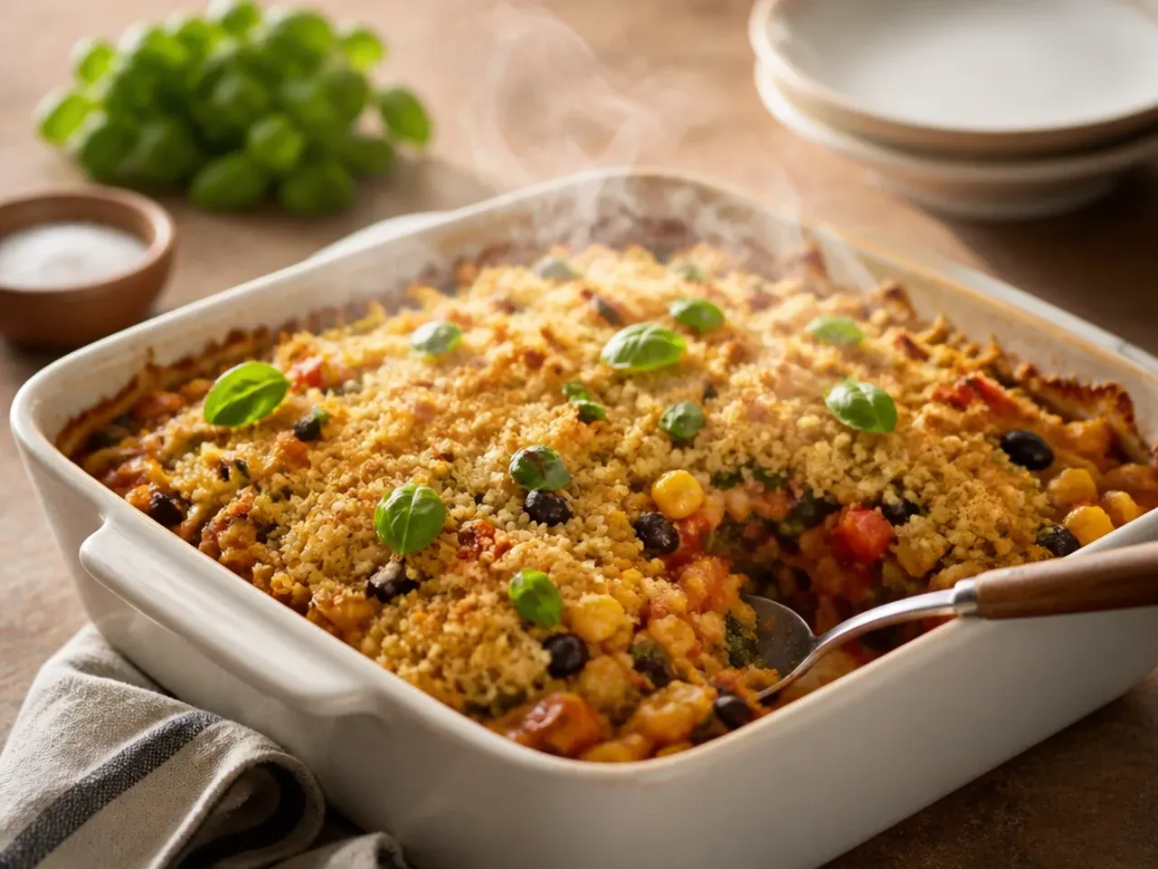 Loaded veggie cowboy casserole with visible bell peppers and courgette mixed through the beef