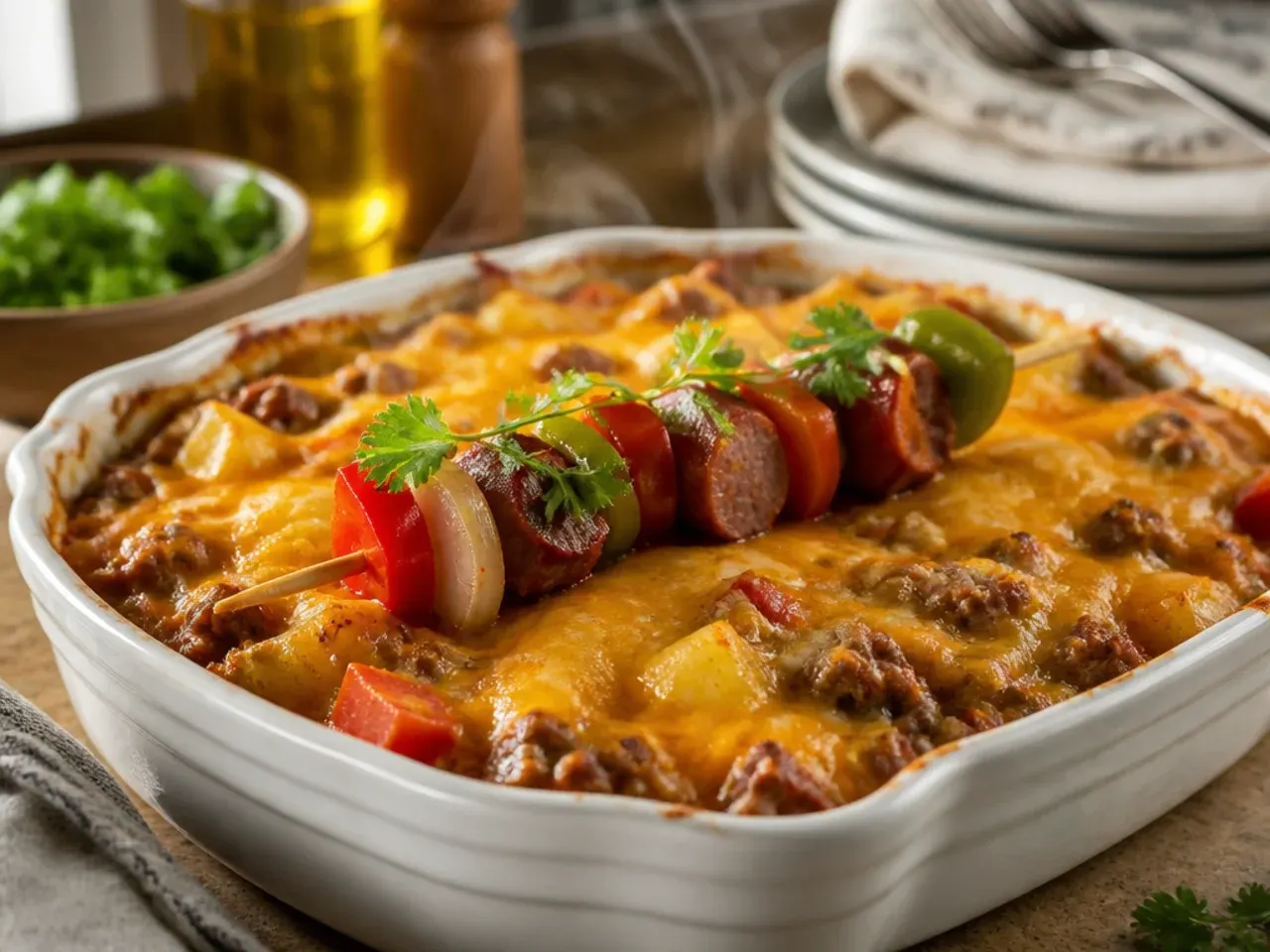 Cheesy sausage cowboy casserole with crumbled sausage meat mixed through the beef layer