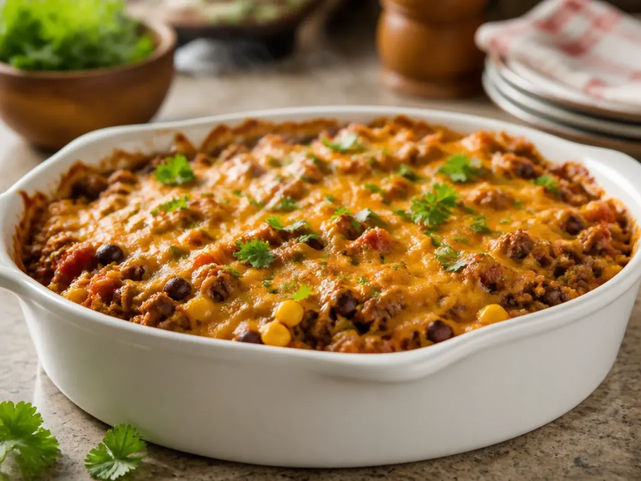 Slow cooker filled with cowboy casserole beef mixture, topped with tater tots