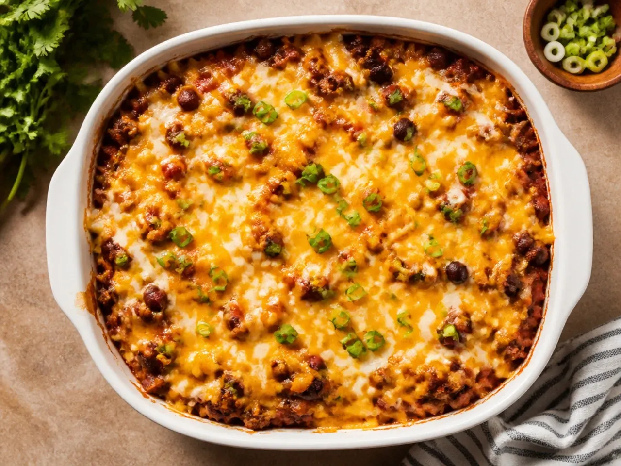 Cowboy casserole in a disposable foil tray, ready to transport to a potluck