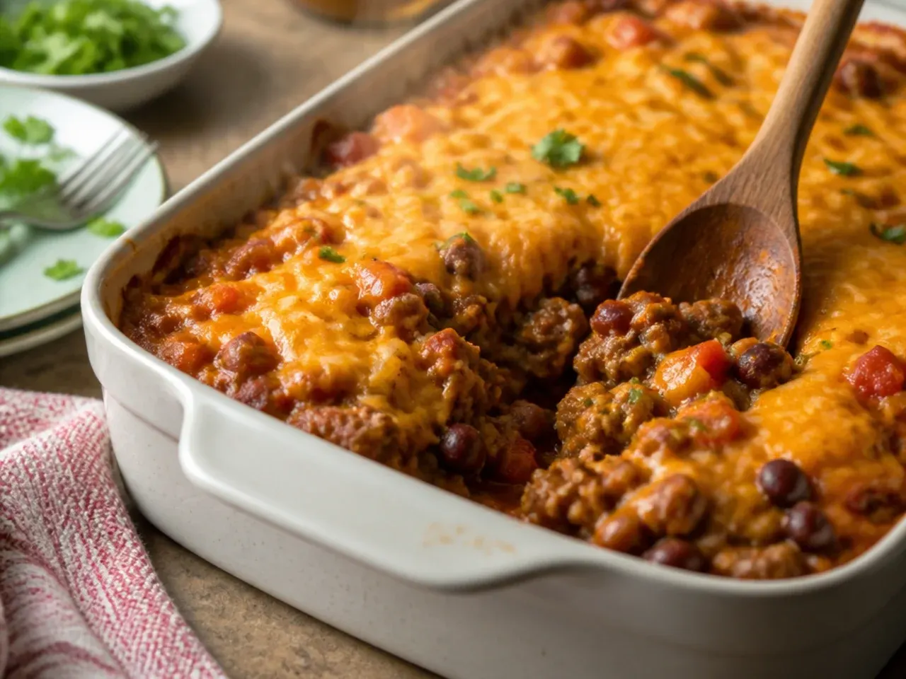 Plated serving of cowboy casserole with a side salad and a dollop of soured cream