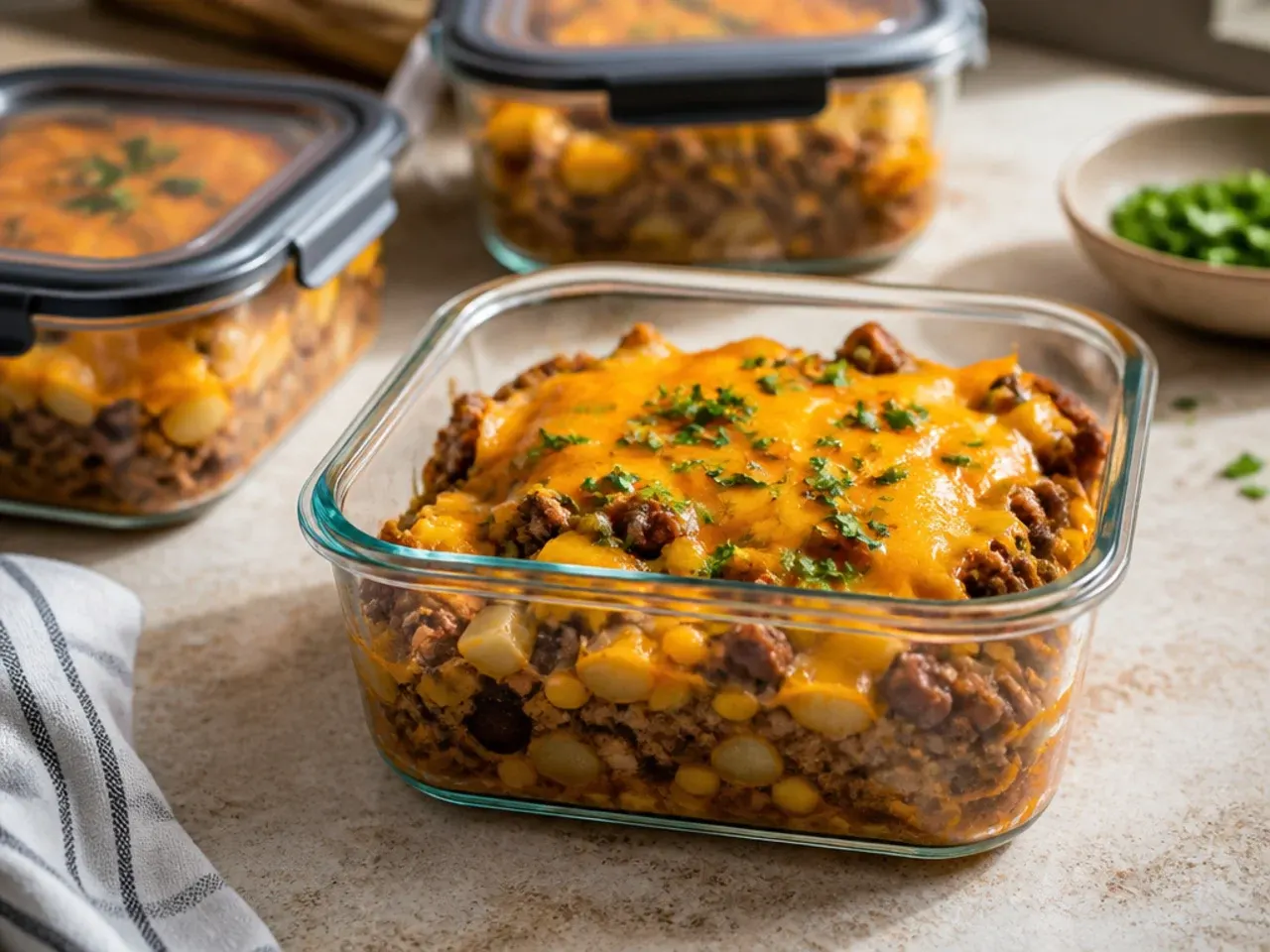 Airtight container of leftover cowboy casserole ready to be refrigerated or frozen