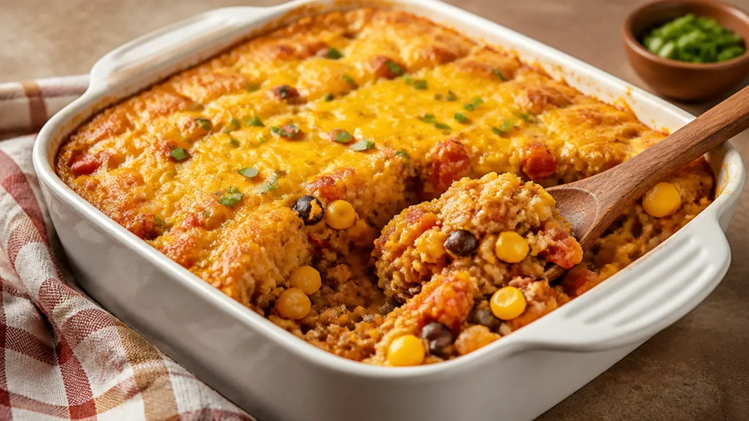 Golden baked cowboy cornbread casserole in a white dish, sliced to show the beef, bean and sweetcorn filling underneath