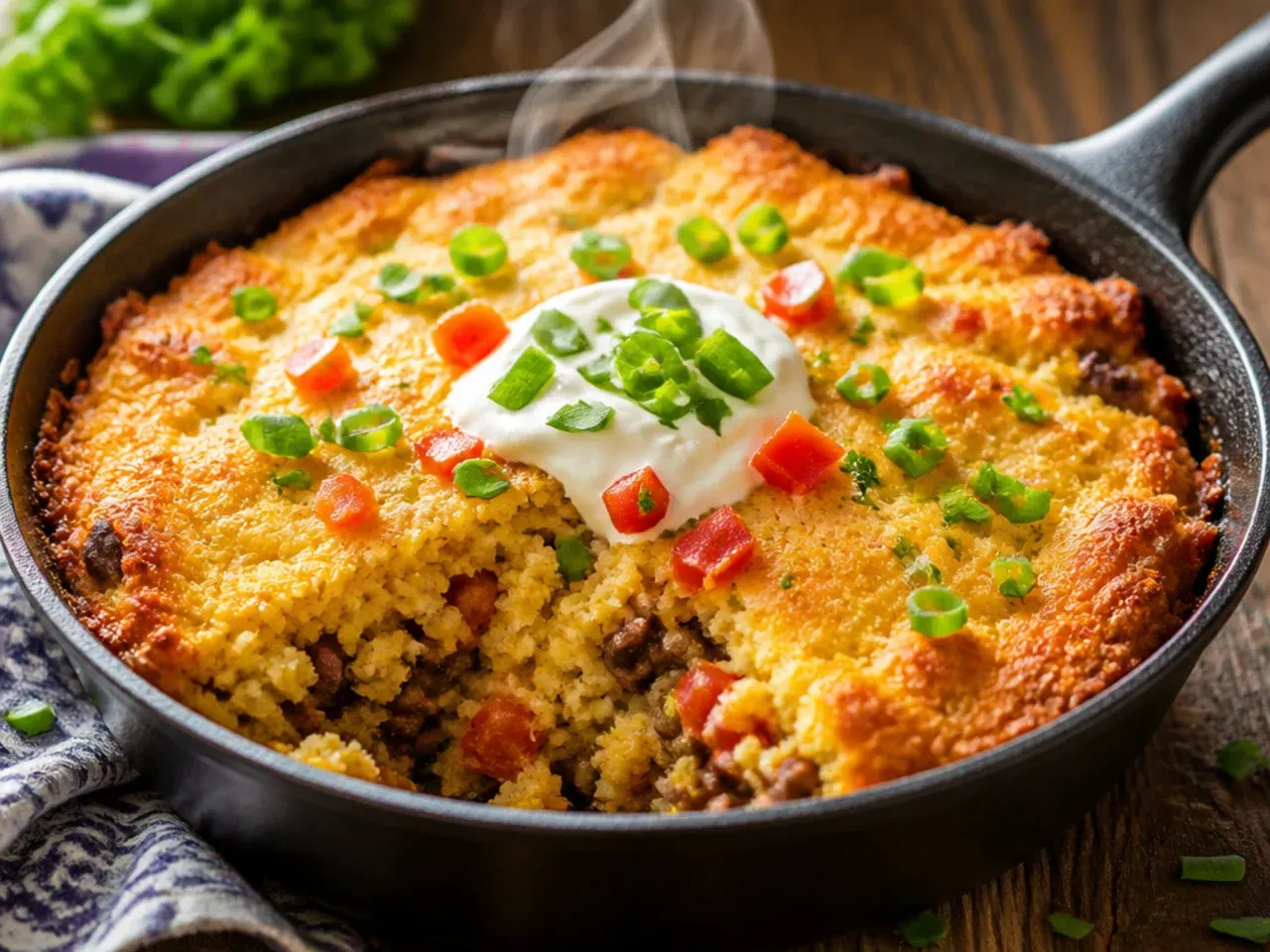 Overhead shot of a family dinner table with a freshly baked cowboy cornbread casserole