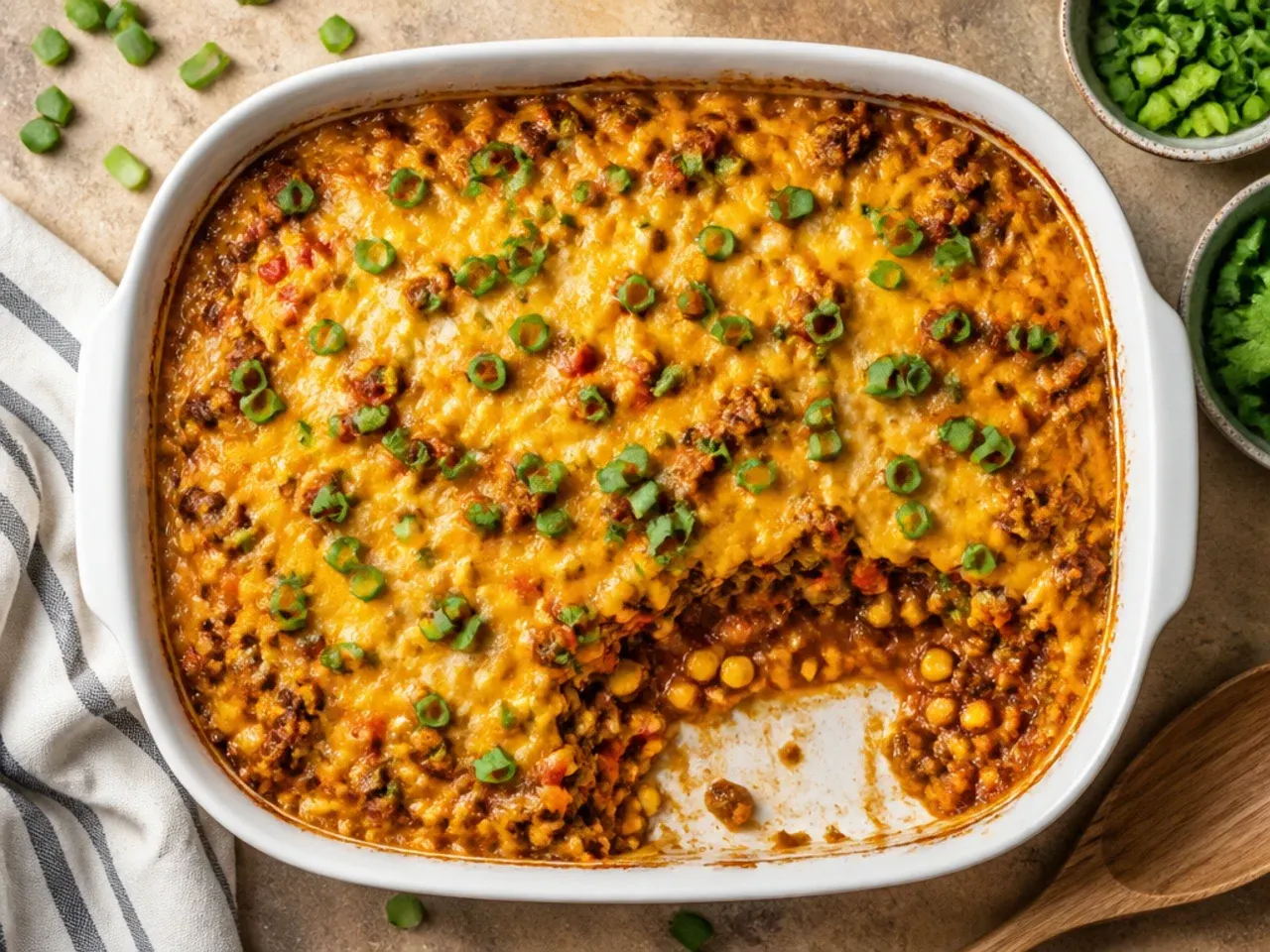 Close-up slice of classic cowboy cornbread casserole showing beef, beans and cornbread layers