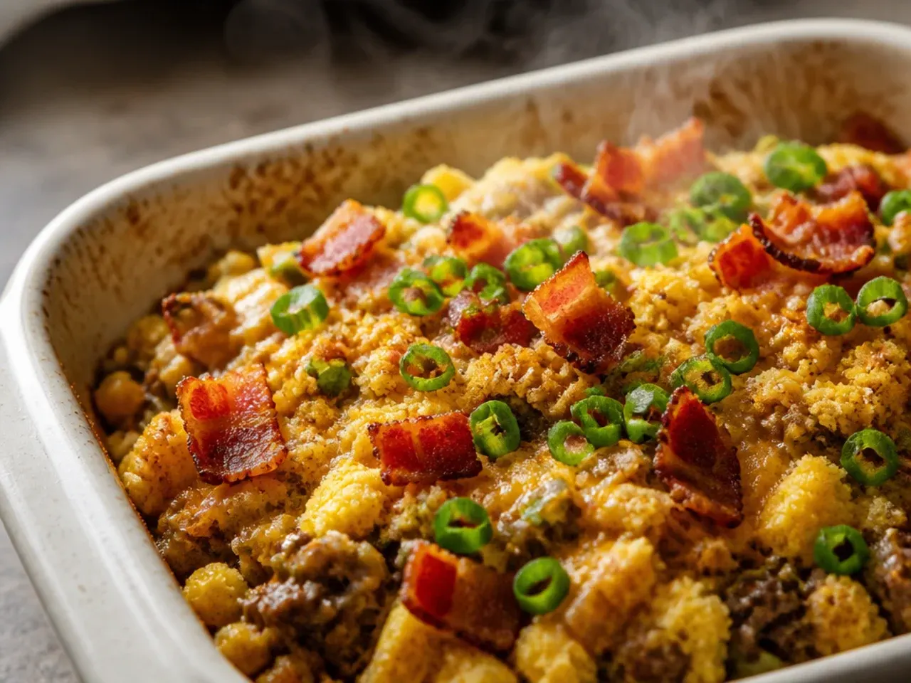 Bacon and sweet onion cowboy cornbread casserole in a baking dish