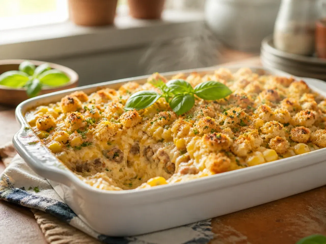 Creamy cowboy cornbread casserole with a soft, moist cornbread crumb