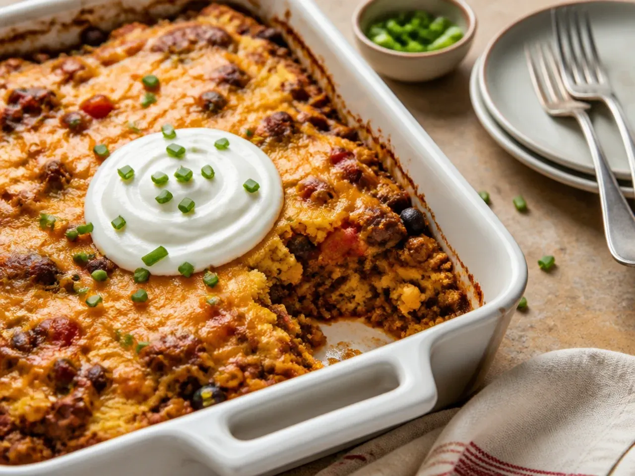 Loaded cowboy cornbread casserole topped with jalapenos, cheese and soured cream
