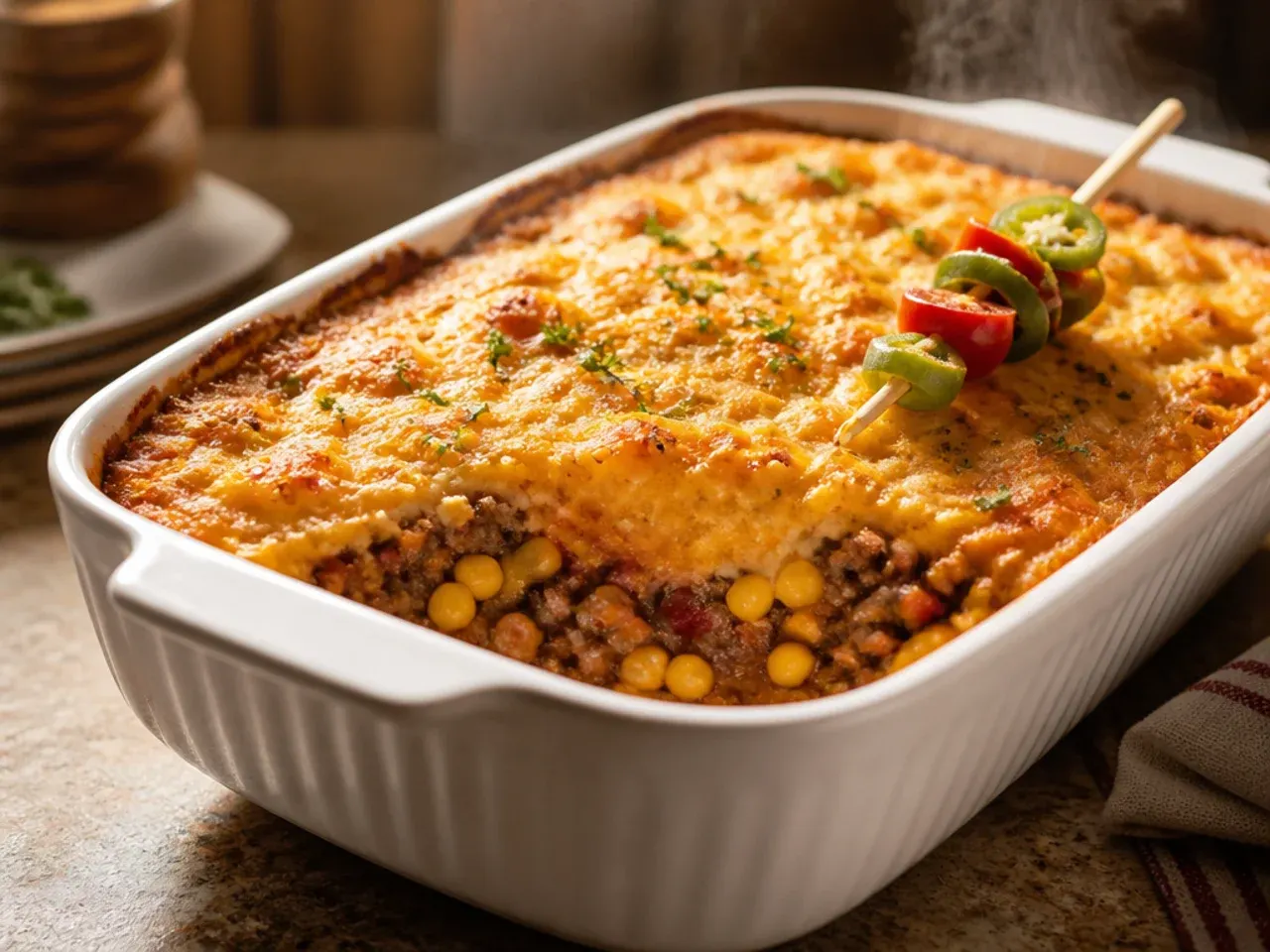 Best ever cowboy cornbread casserole sliced to show a thick, sturdy filling