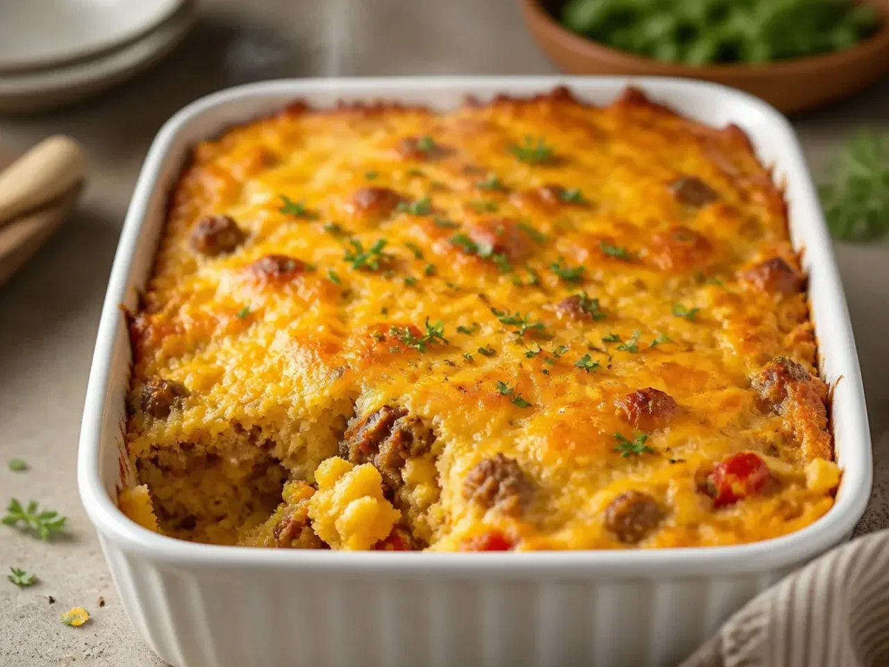 Extra cheesy cowboy cornbread casserole with melted cheddar pull