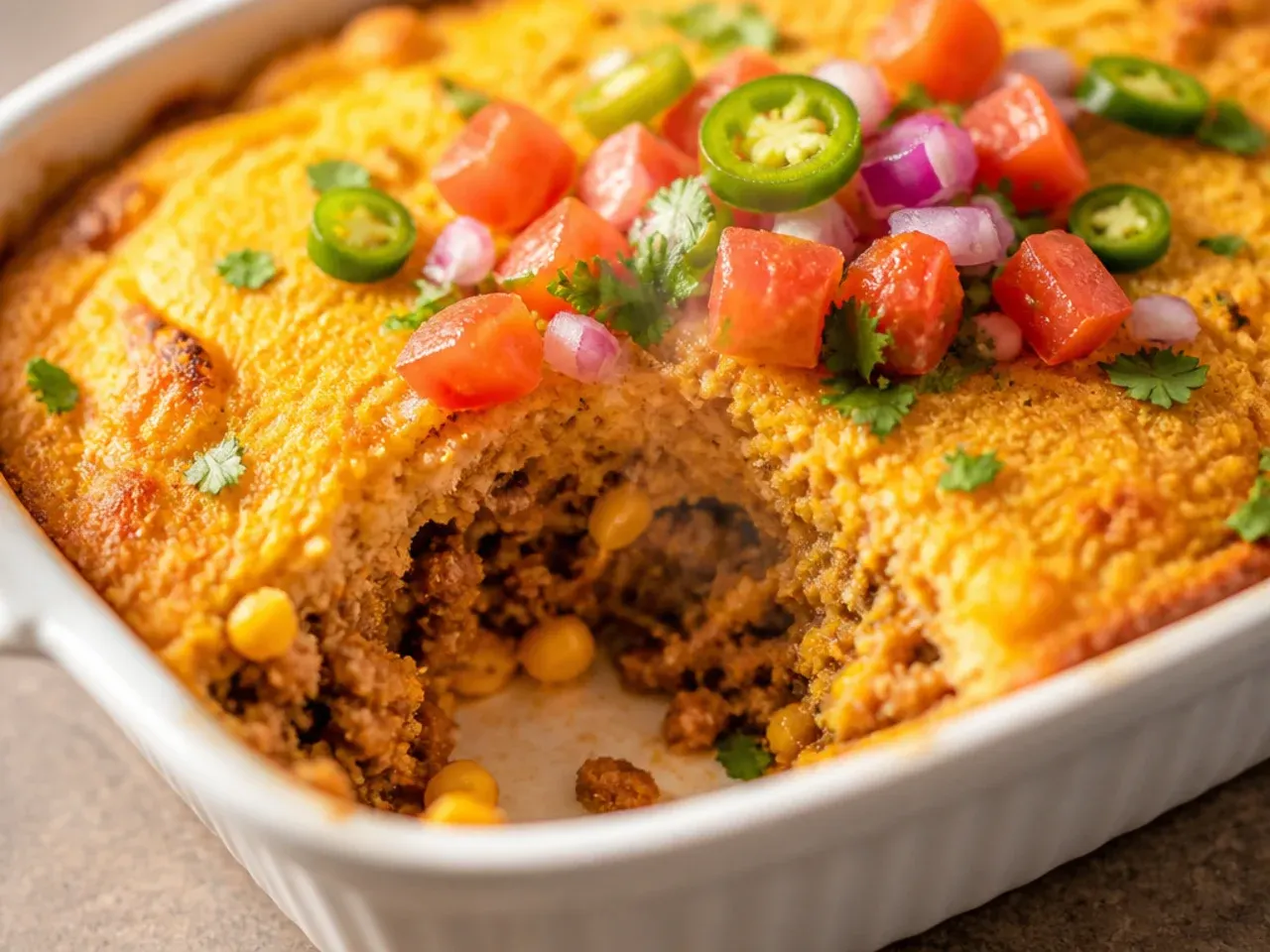 Make-ahead cowboy cornbread casserole filling stored in a fridge container