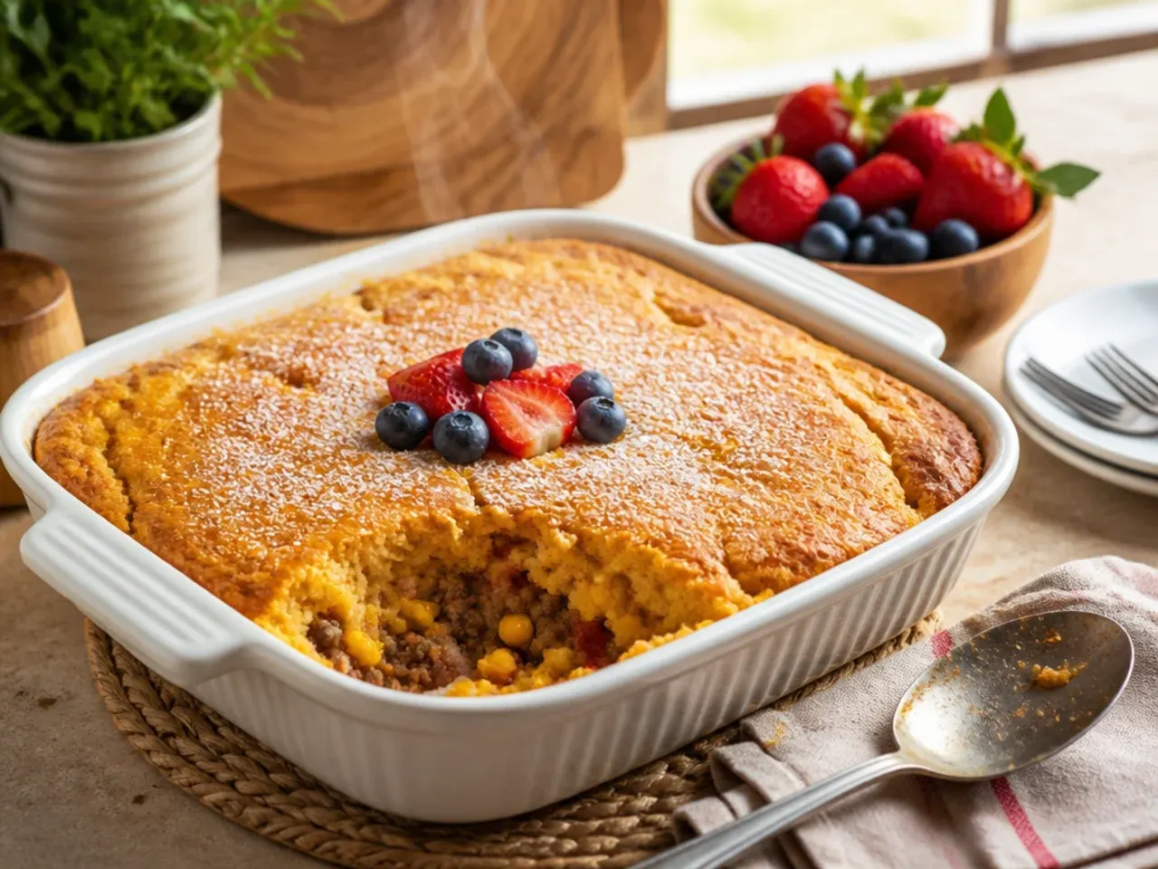 Mild family-friendly cowboy cornbread casserole served on kids' plates