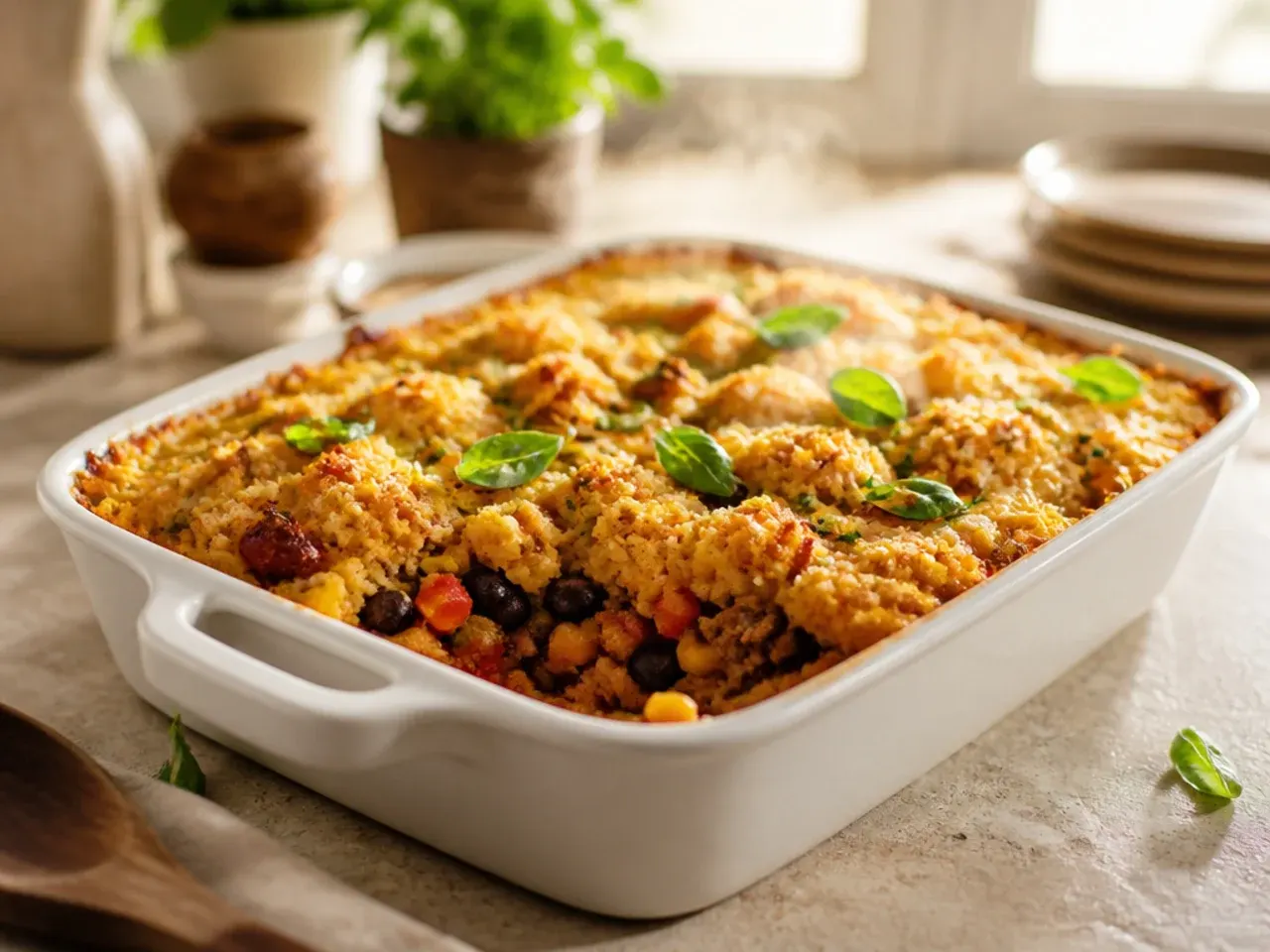 Festive cowboy cornbread casserole garnished with red pepper and coriander