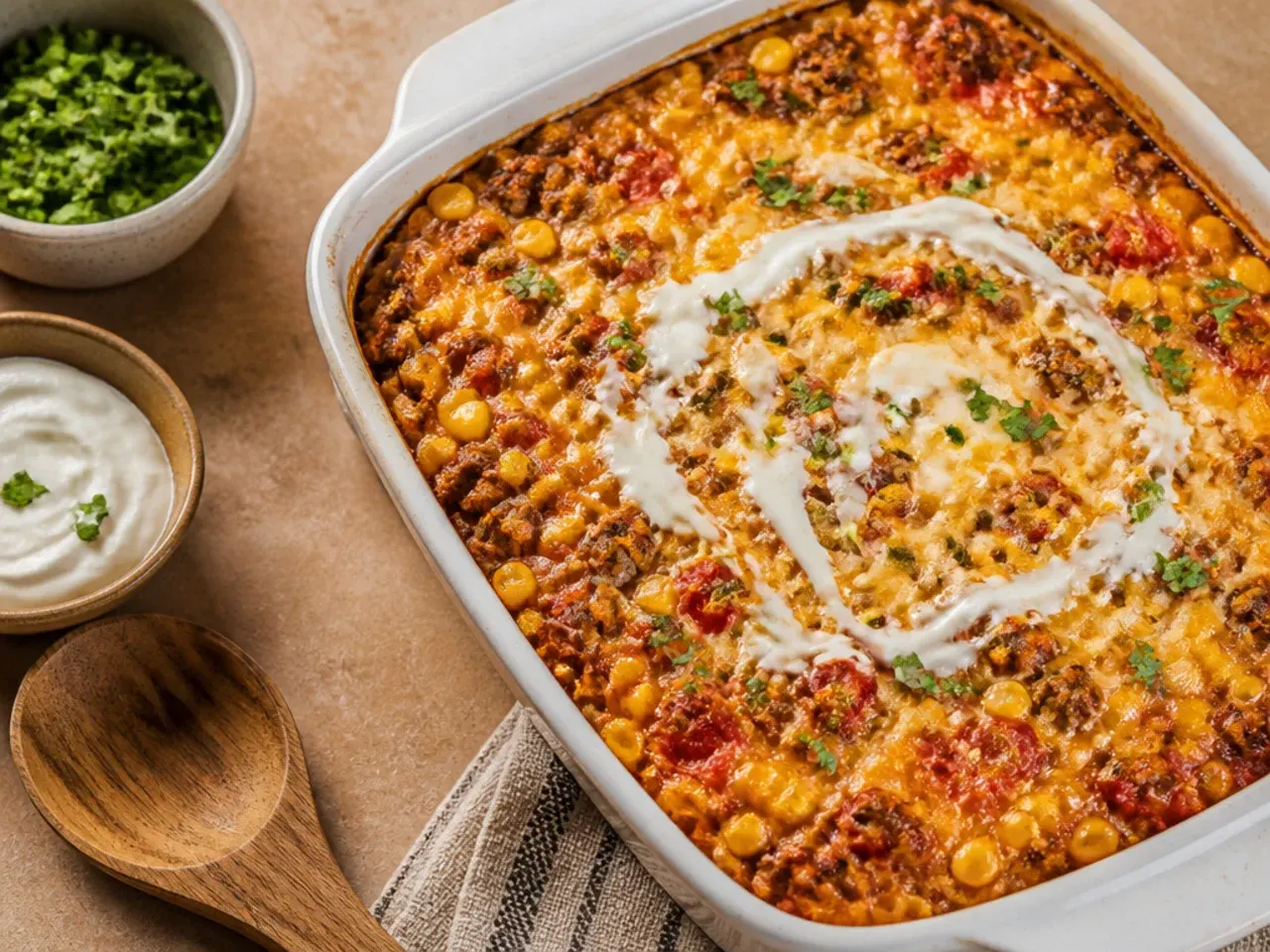 Quick weeknight cowboy cornbread casserole in a shallow baking dish