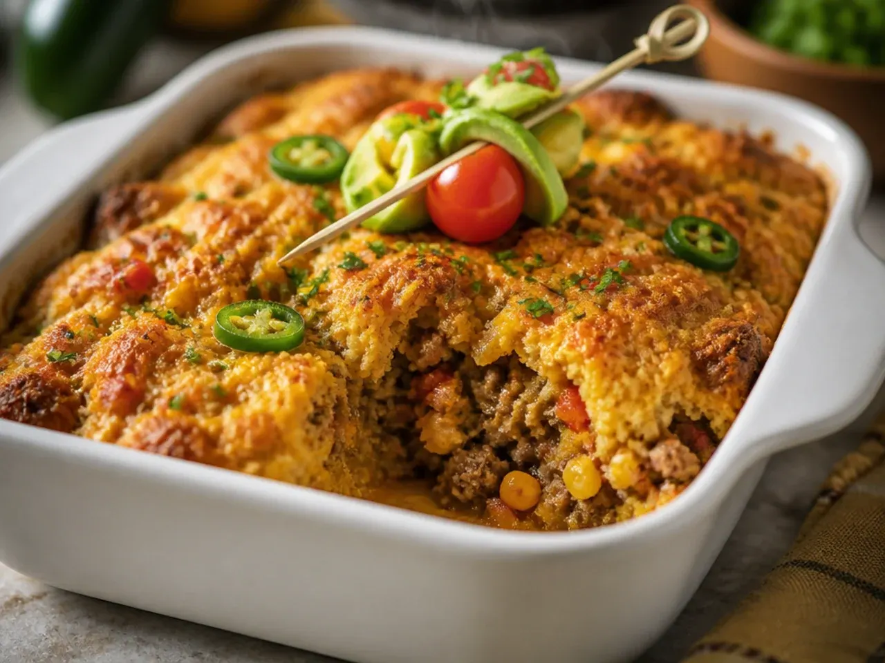Homemade from-scratch cornbread topping on a cowboy casserole