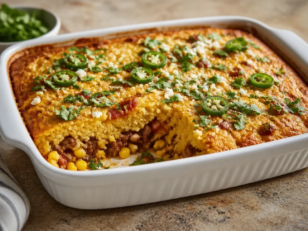 Spicy chipotle cowboy cornbread casserole with a smoky red filling