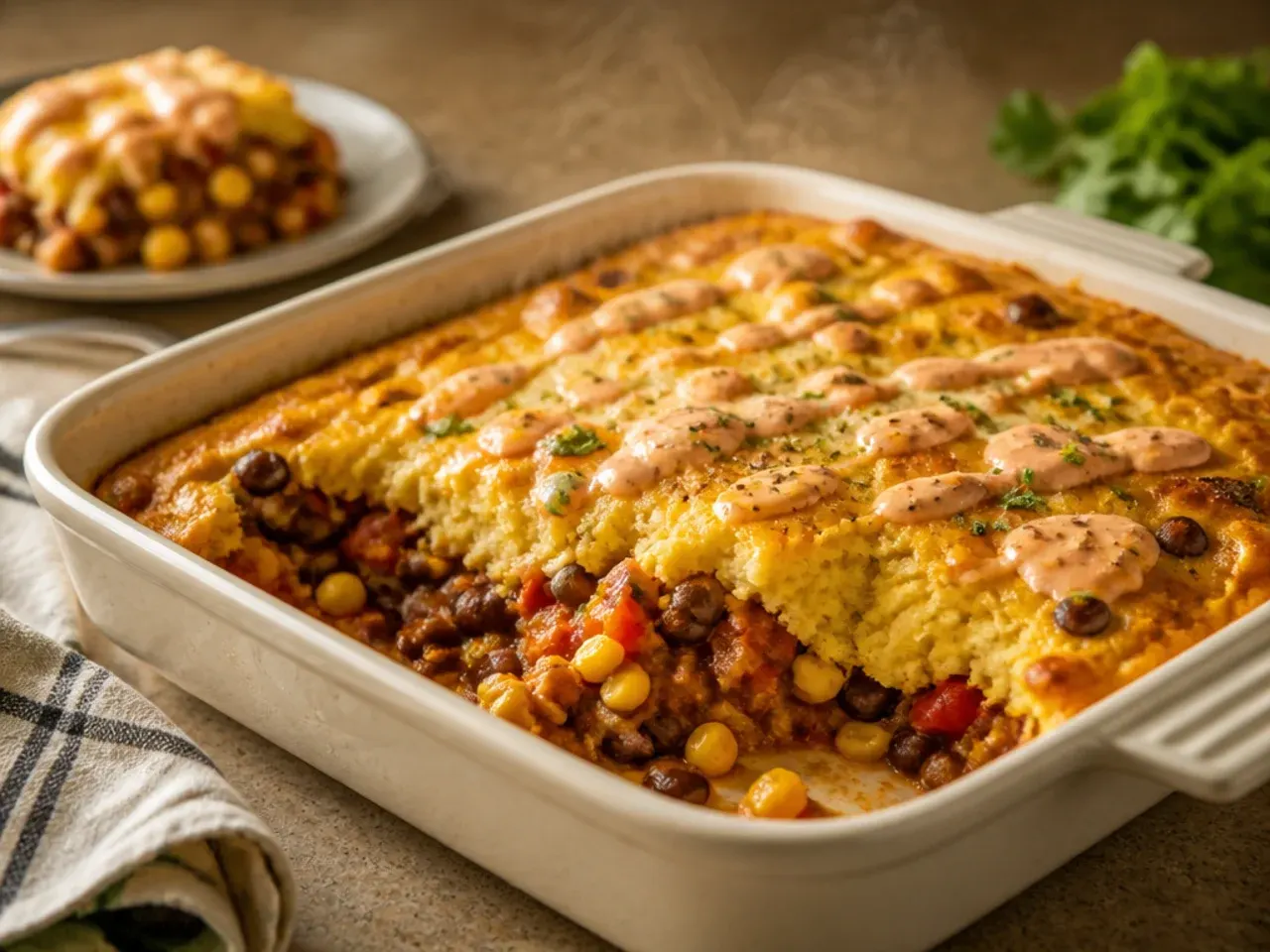 Vegetarian cowboy cornbread casserole with beans, peppers and courgette