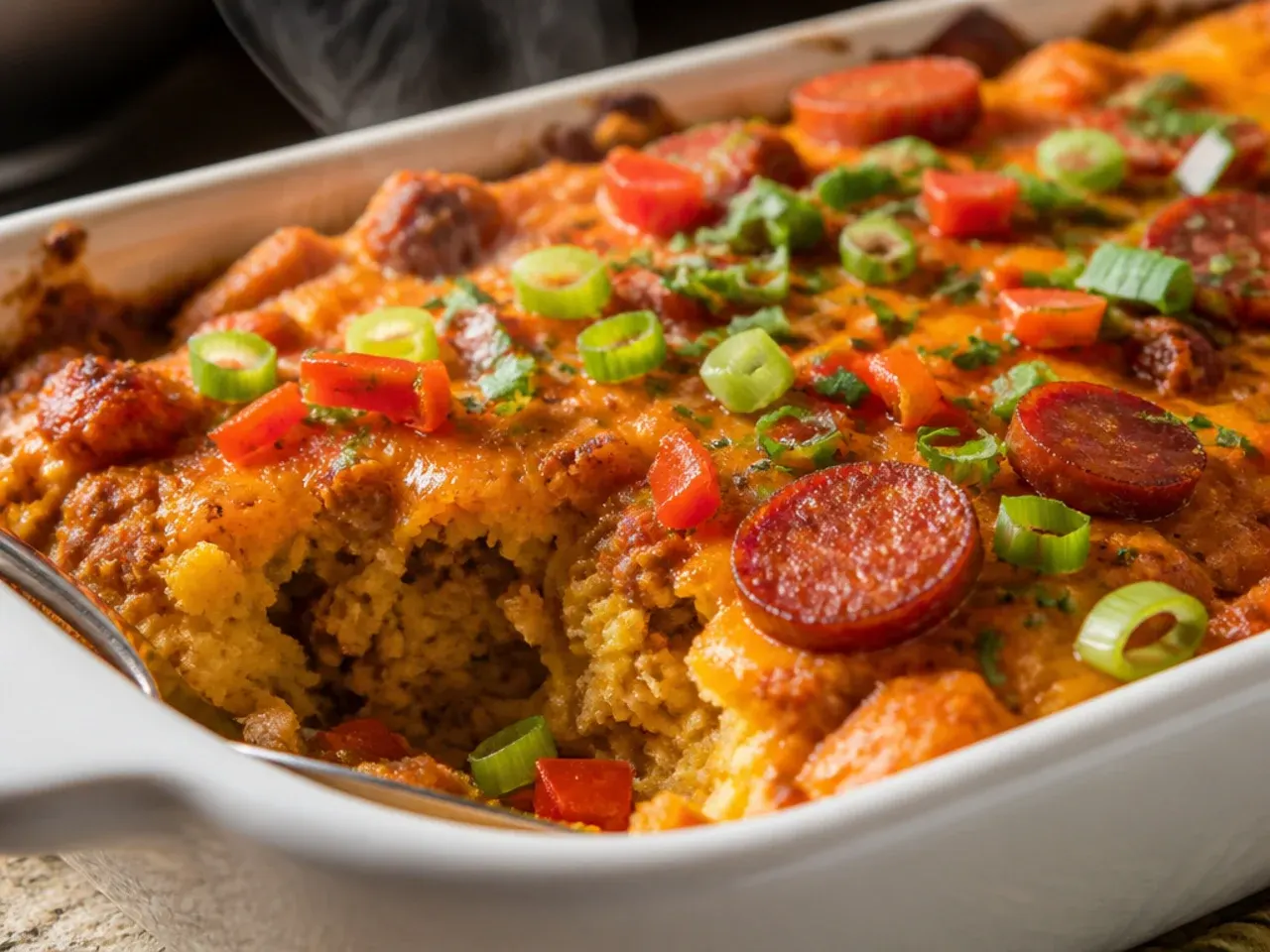 Smoky chorizo cowboy cornbread casserole with a deep red paprika filling