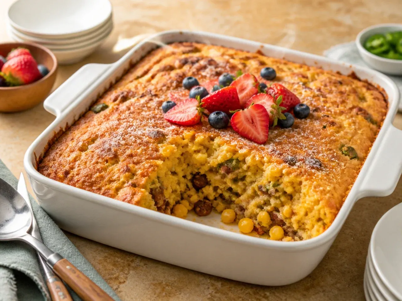Green chilli and soured cream cowboy cornbread casserole topped with coriander