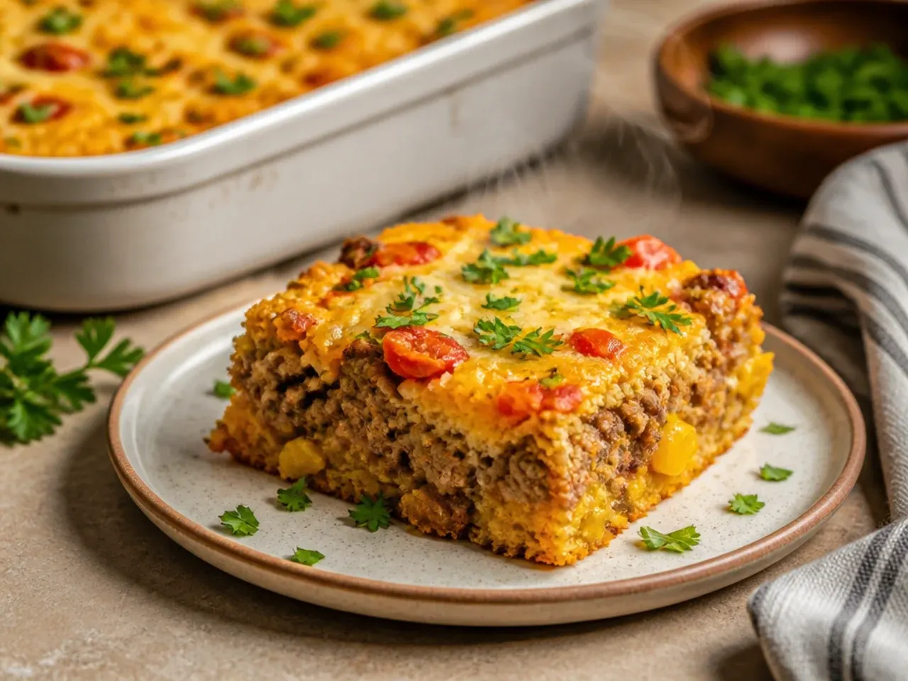 Cowboy cornbread casserole plated with salad, avocado and soured cream