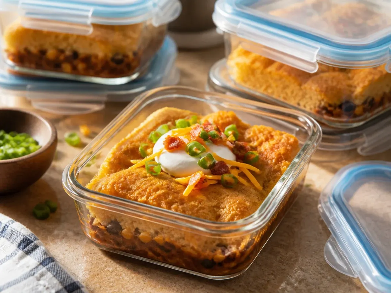 Leftover cowboy cornbread casserole portioned into storage containers