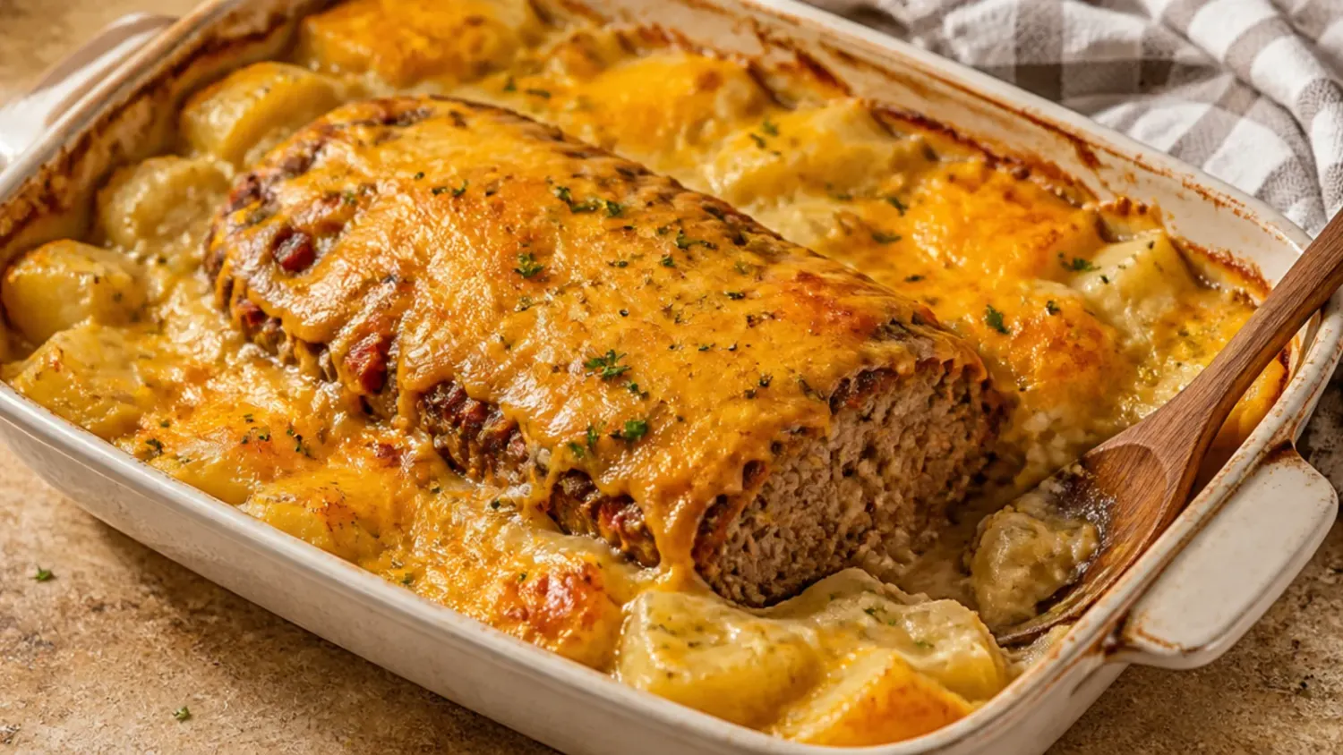 A baking dish of cowboy meatloaf and potato casserole topped with golden mashed potato, melted cheddar and crispy bacon bits