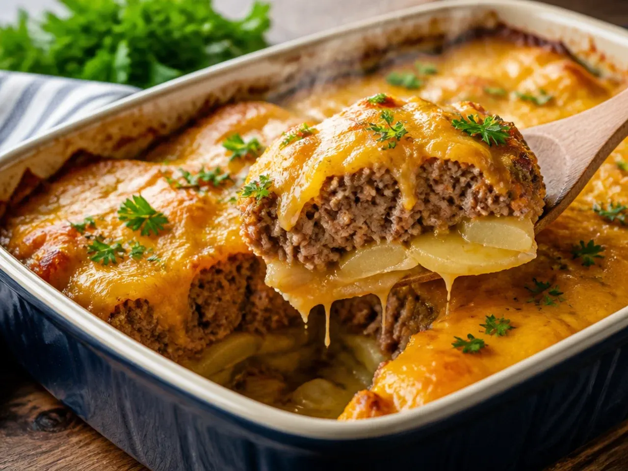Overhead shot of cowboy meatloaf and potato casserole fresh from the oven with a golden cheesy crust