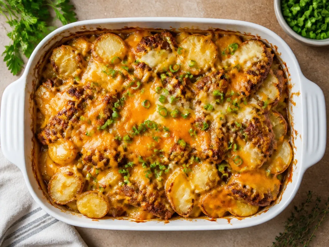 Slice of classic cowboy meatloaf and potato casserole showing the beef and mashed potato layers