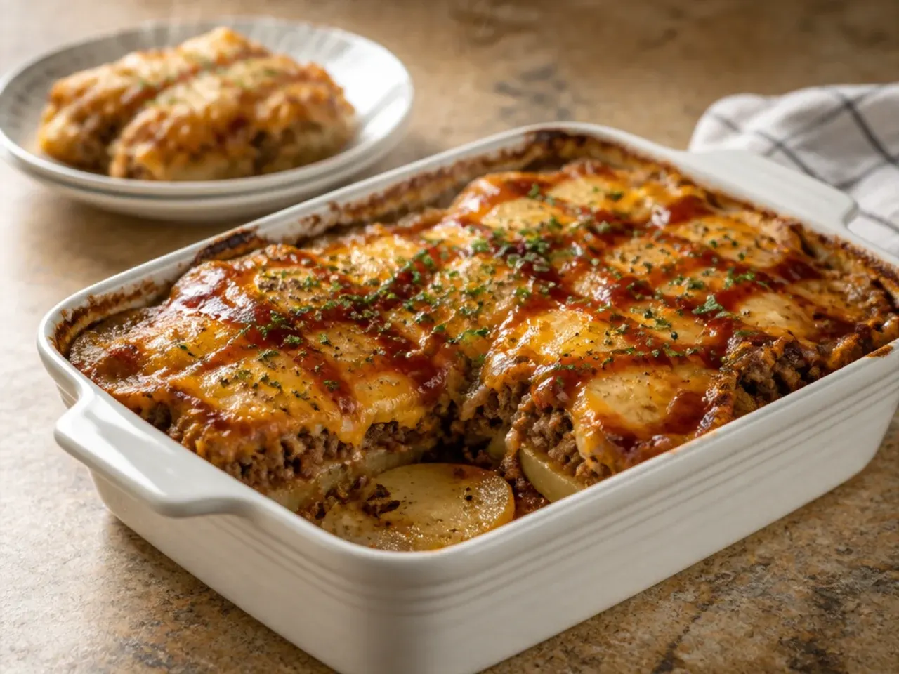 Quick weeknight cowboy meatloaf and potato casserole in a rectangular dish