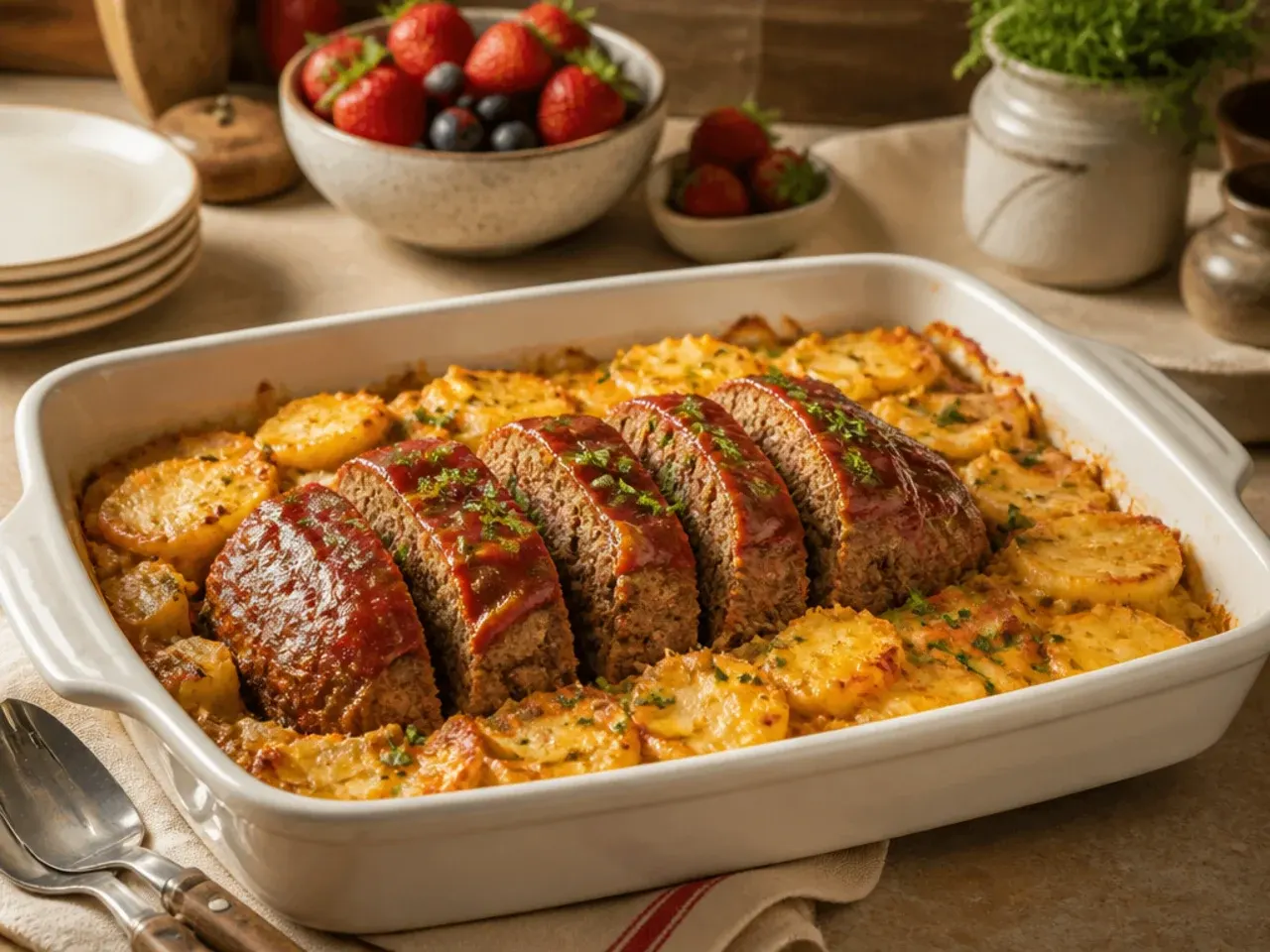 Simple five-ingredient cowboy meatloaf and potato casserole in a white baking dish