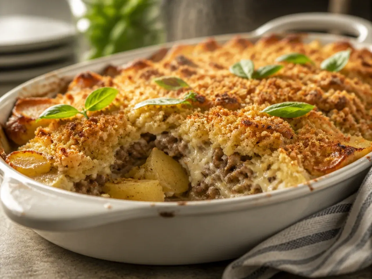 Creamy cowboy meatloaf and potato casserole with soft, rich mashed potato topping