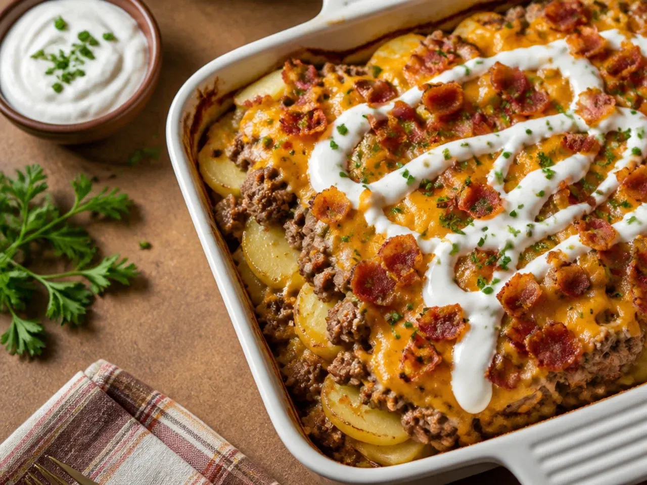 Loaded cowboy meatloaf and potato casserole topped with bacon, cheese and spring onions