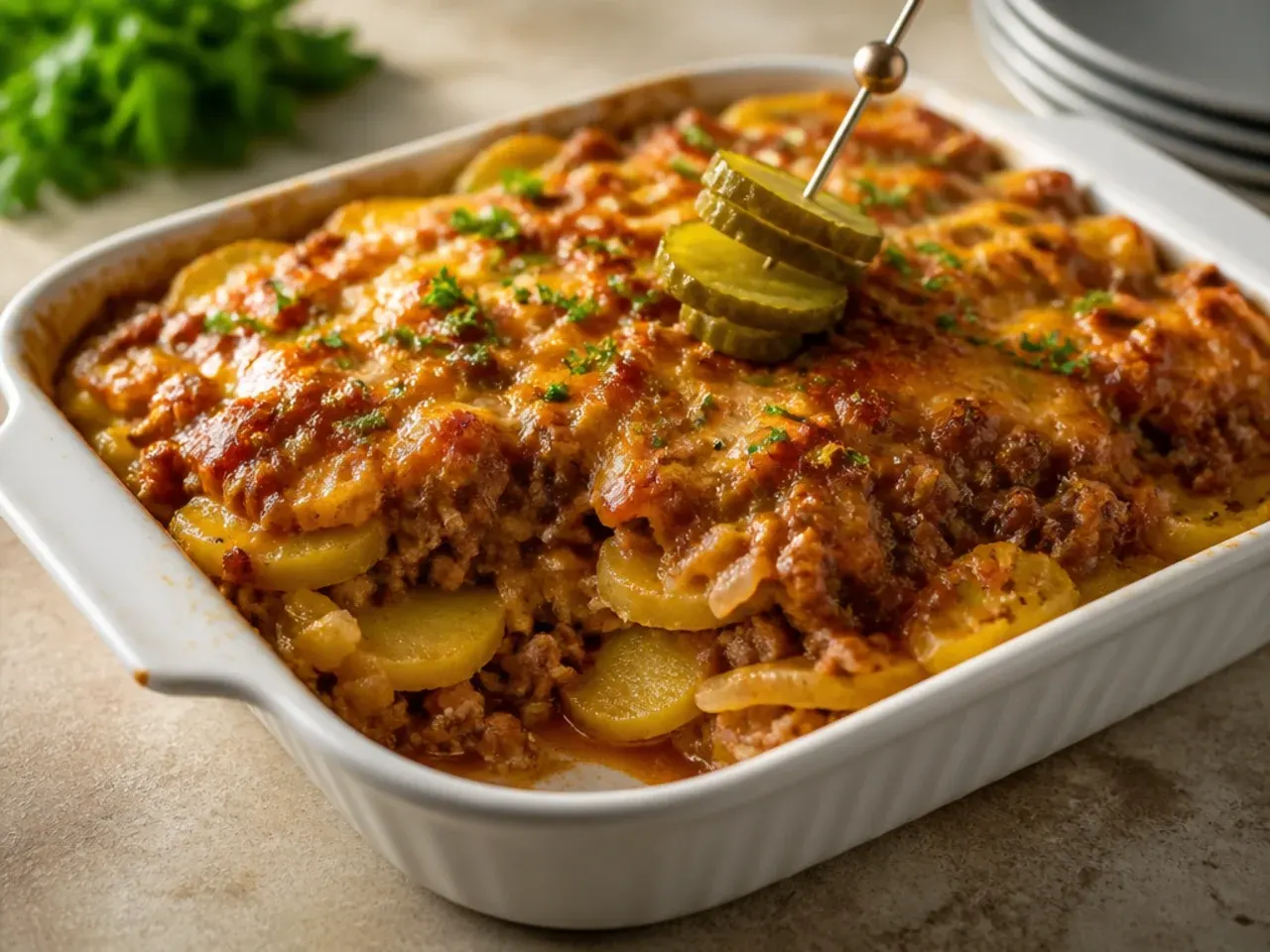 Best-ever cowboy meatloaf and potato casserole with a glossy BBQ glaze and two-cheese topping