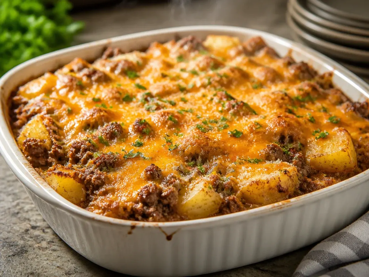 Extra cheesy cowboy meatloaf and potato casserole with a bubbling golden cheese crust