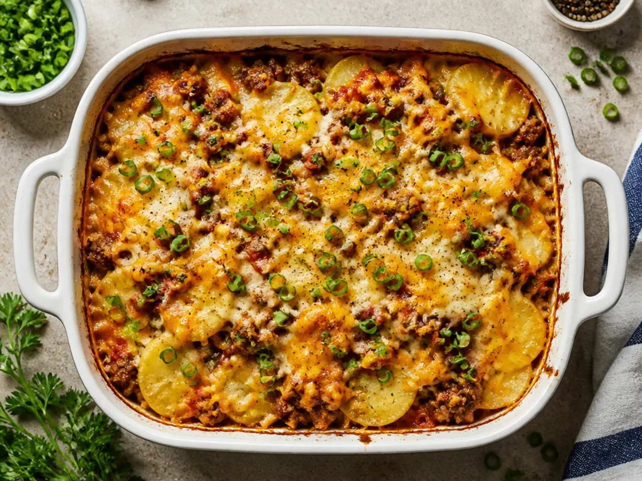 Budget-friendly cowboy meatloaf and potato casserole made with pantry staples