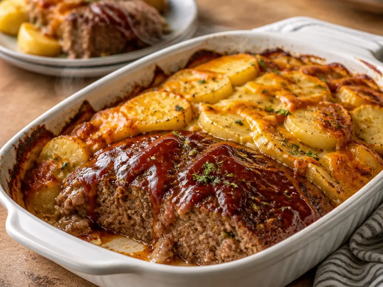 Large tray of crowd-pleasing cowboy meatloaf and potato casserole cut into squares