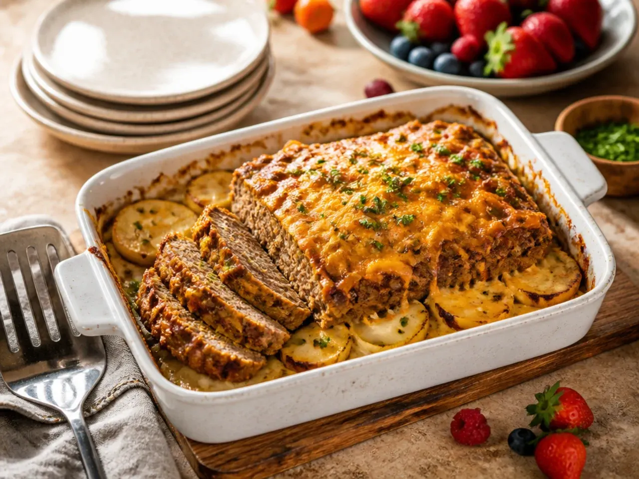 Family-style cowboy meatloaf and potato casserole cut into individual portions