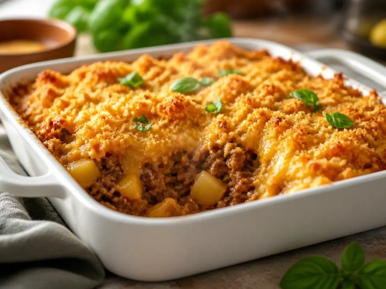 Festive cowboy meatloaf and potato casserole with piped potato topping for the holidays