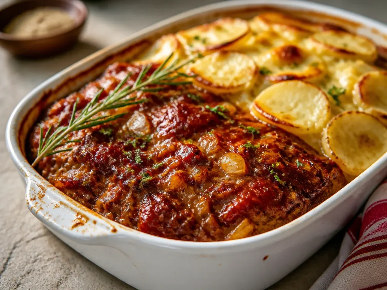 Homemade cowboy meatloaf and potato casserole made entirely from scratch