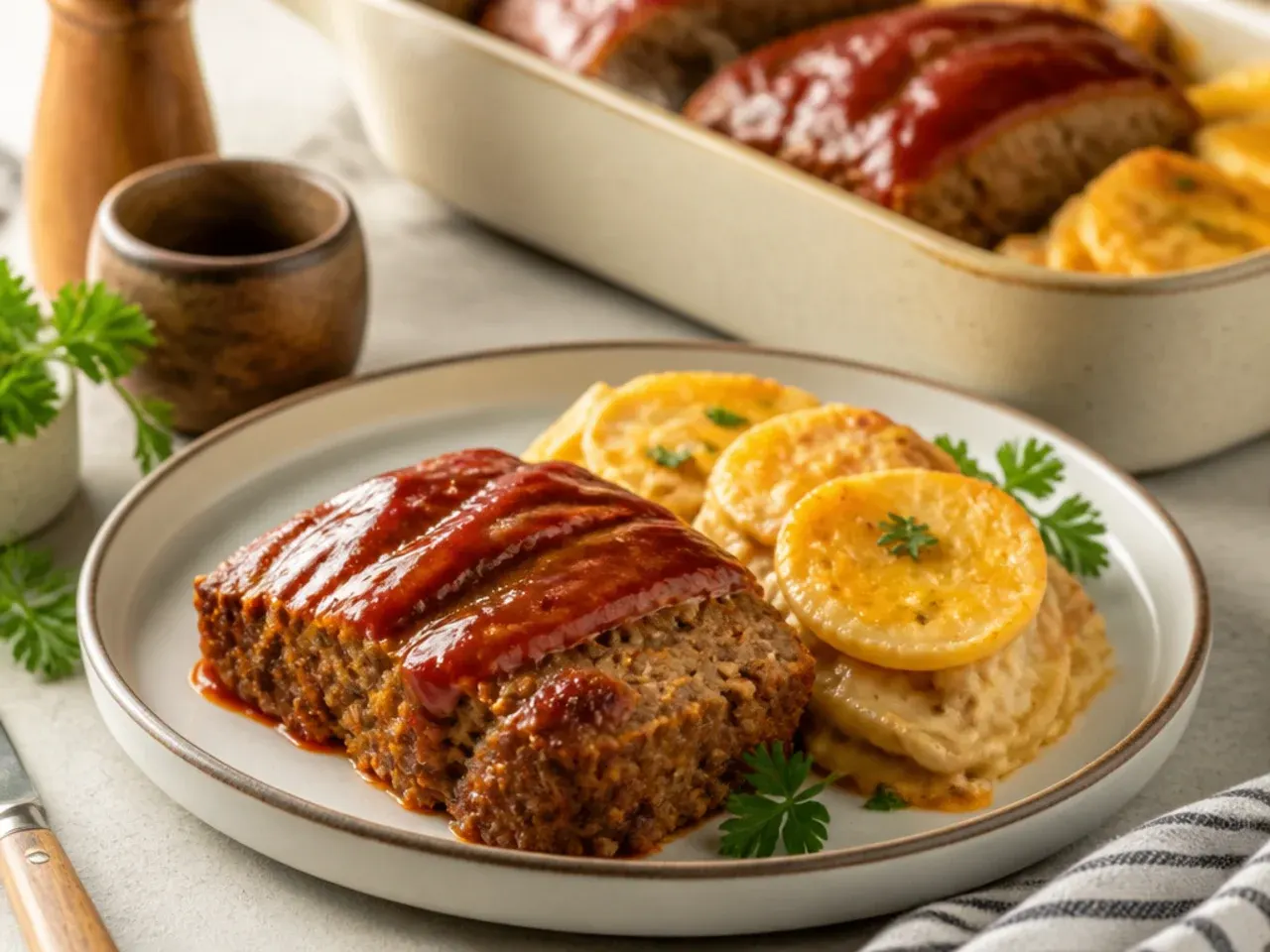 Cowboy meatloaf and potato casserole served on a plate with green beans and coleslaw