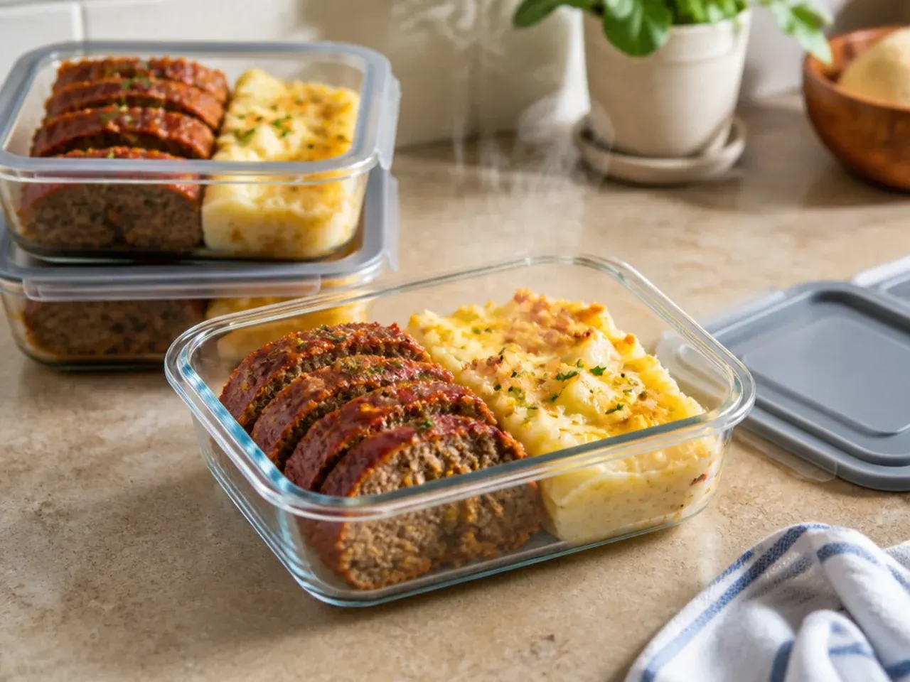 Leftover cowboy meatloaf and potato casserole portioned into containers for storage