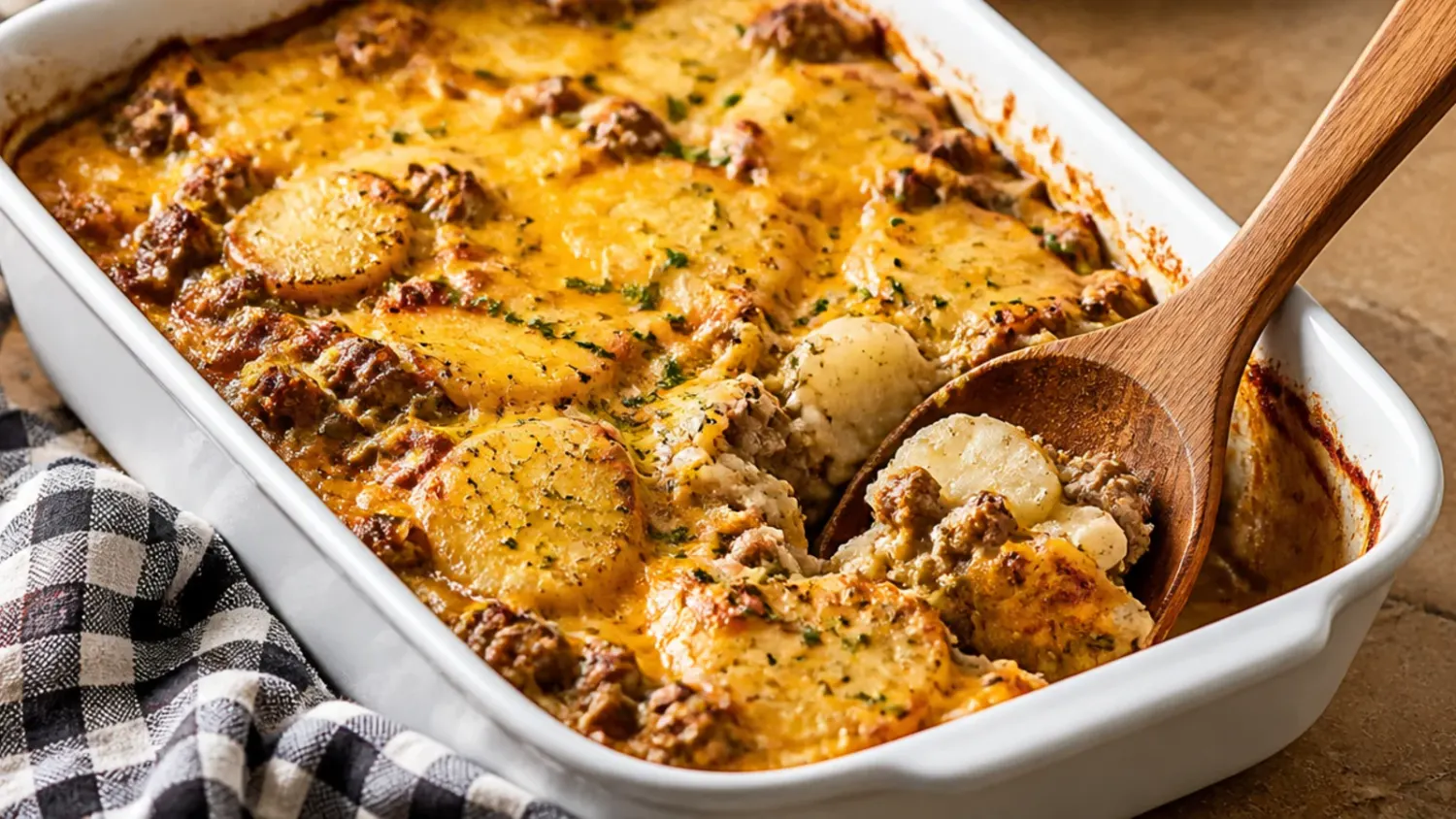 Golden baked cowboy potato casserole with melted cheddar, bacon and beef mince in a white ceramic dish