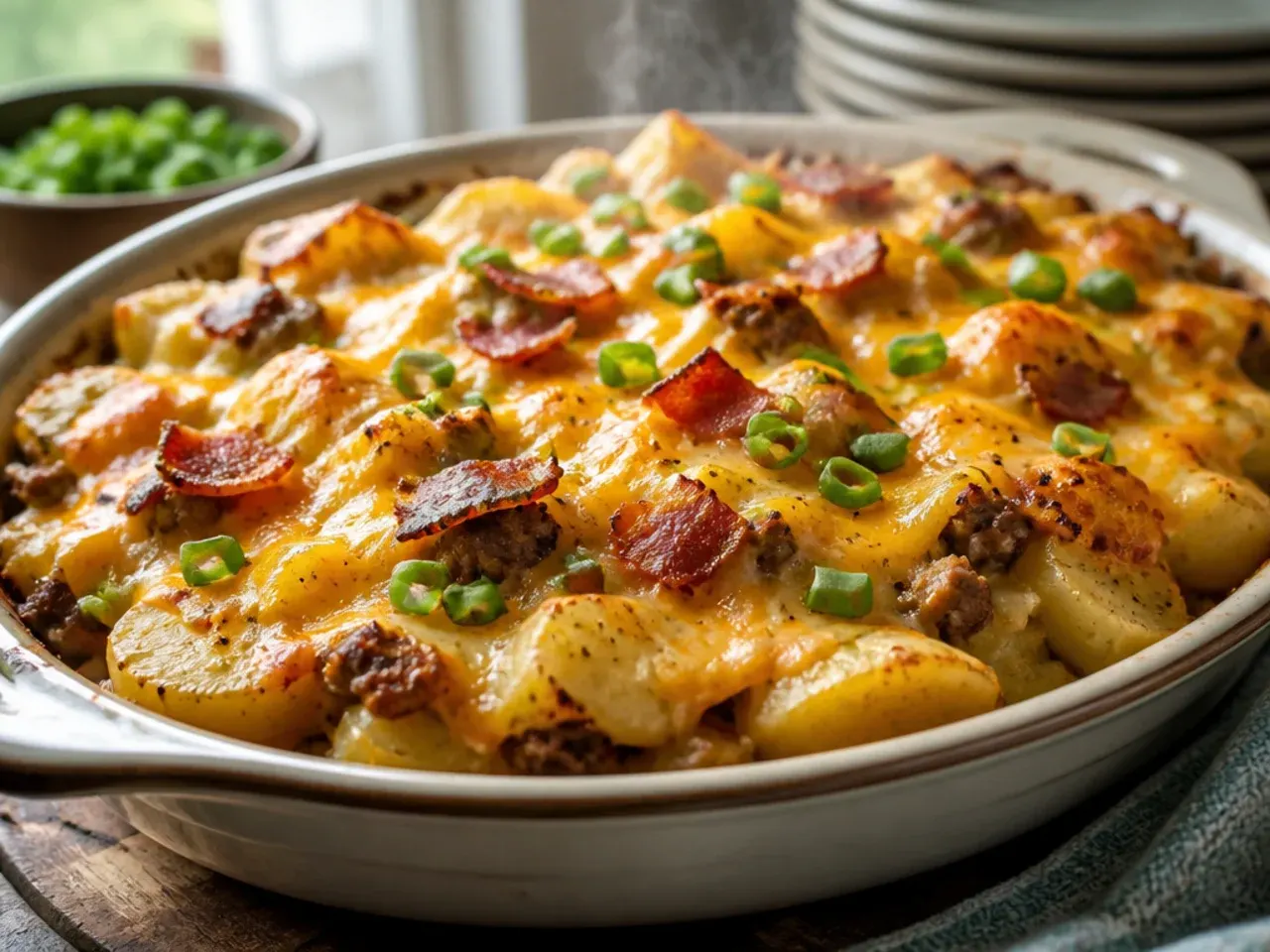 Overhead shot of cowboy potato casserole ingredients laid out on a kitchen counter