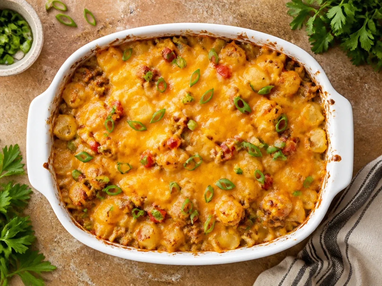 Classic cowboy potato casserole fresh out of the oven with golden bubbling cheese