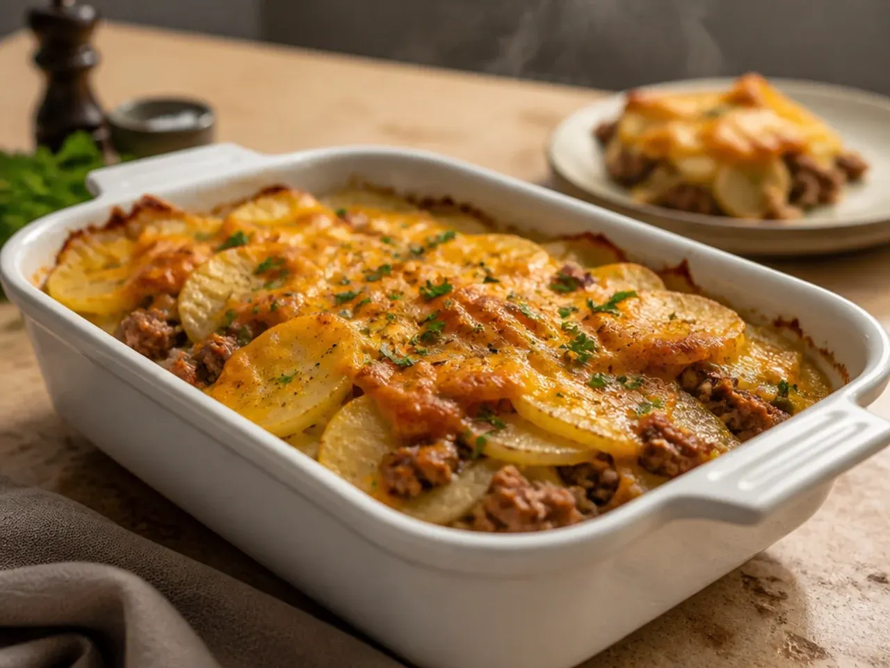 Simple five-ingredient cowboy potato casserole in a baking dish before going in the oven